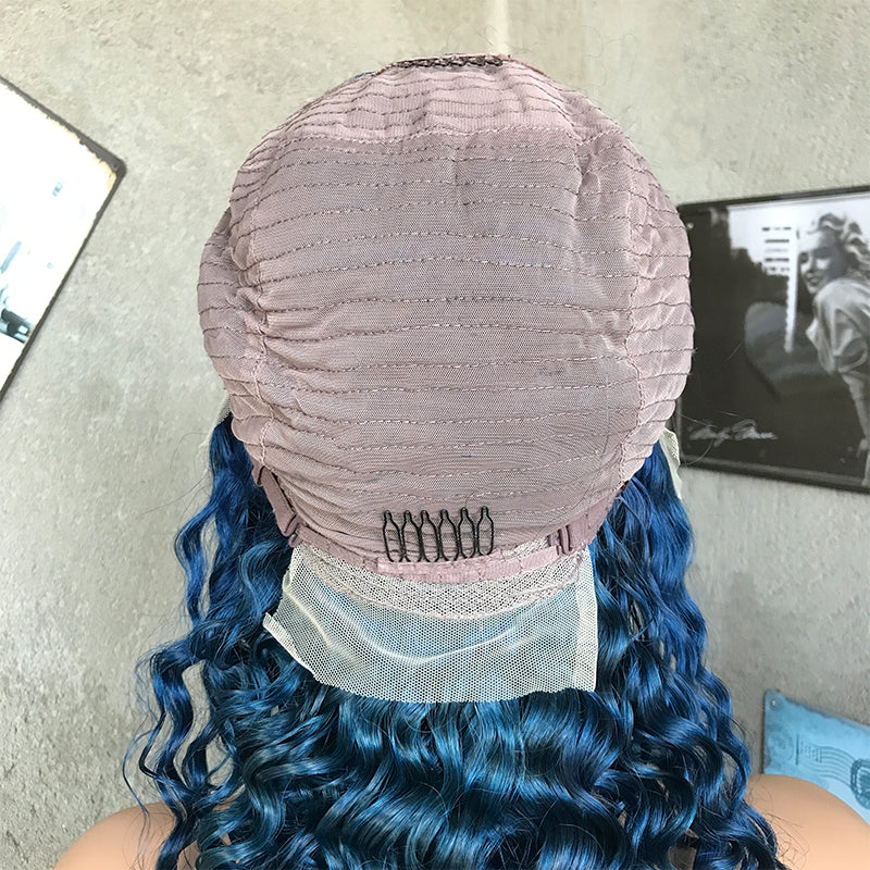 22" Blue Deep Wave Lace Front Human Hair Wigs