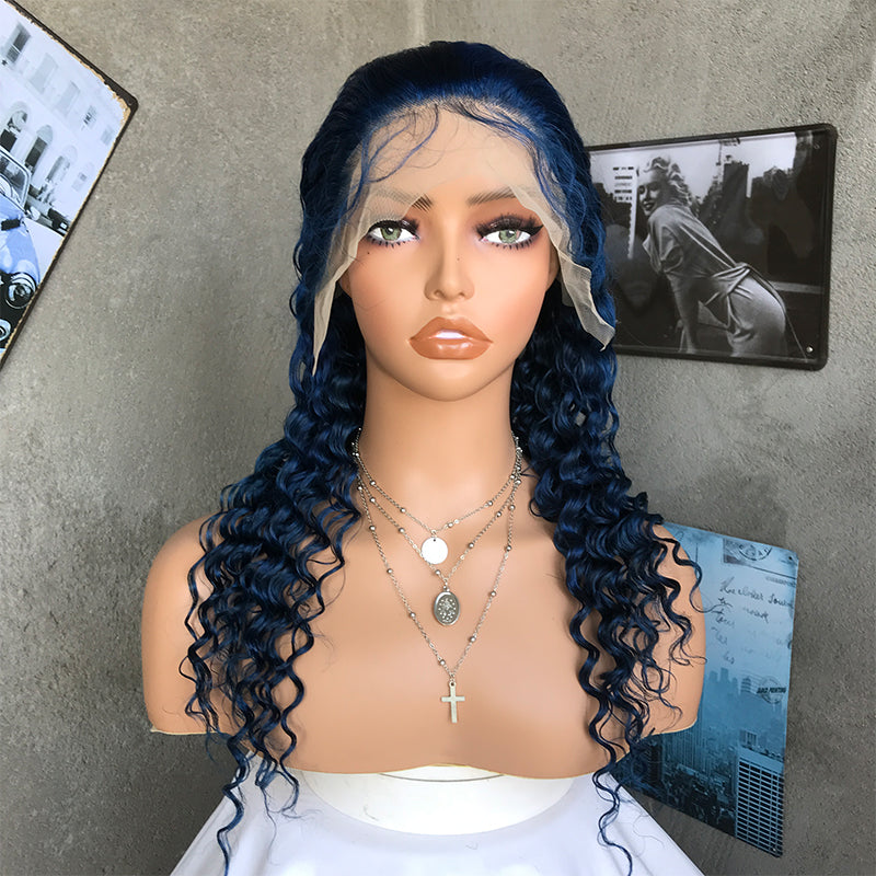 22" Blue Deep Wave Lace Front Human Hair Wigs