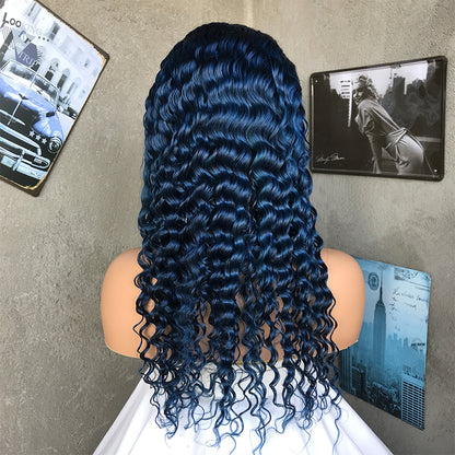 22" Blue Deep Wave Lace Front Human Hair Wigs